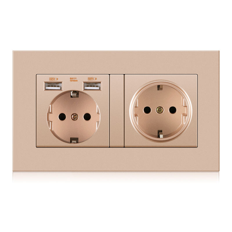 Main-04-3 German 2gang wall socket with 2 USB